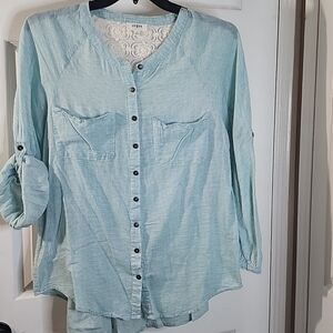 Umgee Blue Button Down Shirt with Mandarin Collar and Relaxed Fit